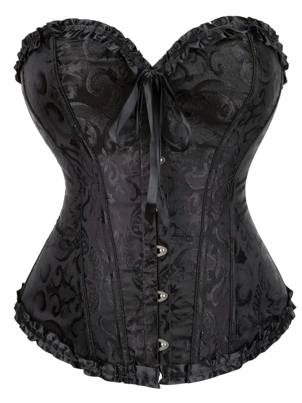 Black Satin 2X Brocade Strapless Corset with Ruffle Trim New